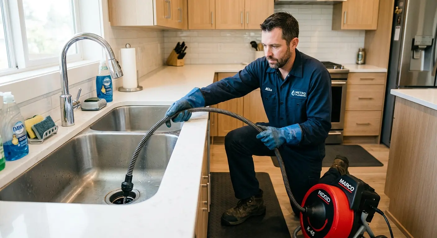 Drain cleaning technician using a motorized snake on a kitchen sink in Tamalpais-Homestead Valley
