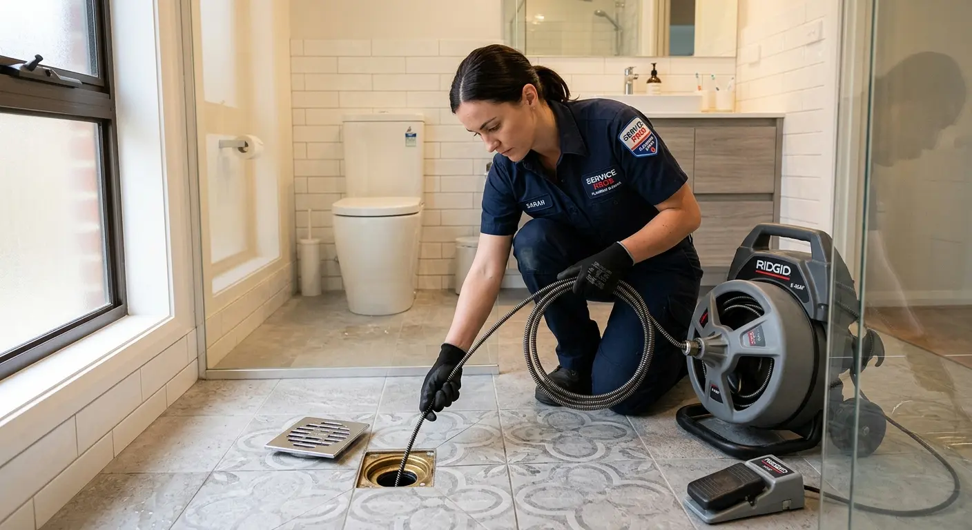 Technician clearing a bathroom floor drain for Sewer Line Replacement in Tamalpais-Homestead Valley